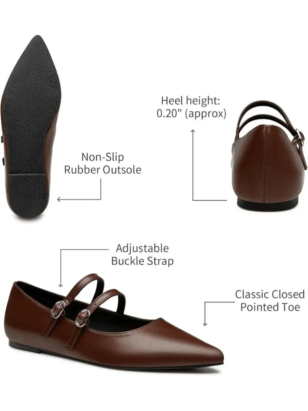 Women's Brown Mary Jane Shoes Women Closed Pointed Toe Ballet Flats Comfortable